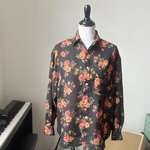 GUESS by Marciano Women's Black Floral Blouse Button Down Collared